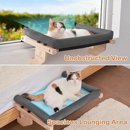 Solid Wood Cat Window Perch for Large Breeds – 40lbs Heavy Duty Cat Window Hammock, Comfortable Orthopedic Feline Bed with Easy Screw-in Assembly, Modern Pet Furniture, Bonus Toy Included