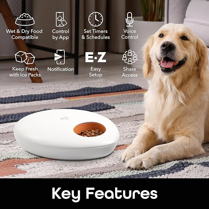 Geeni Smart Pet Feeder for Wet or Dry Food, 5-Meal Automatic Dog and Cat Feeder with Ice Packs, Programmable Timer, Battery Backup, Alexa and Google Home Compatible, White