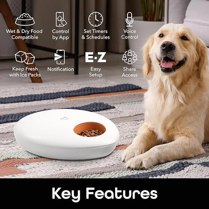 Geeni Smart Pet Feeder for Wet or Dry Food, 5-Meal Automatic Dog and Cat Feeder with Ice Packs, Programmable Timer, Battery Backup, Alexa and Google Home Compatible, White