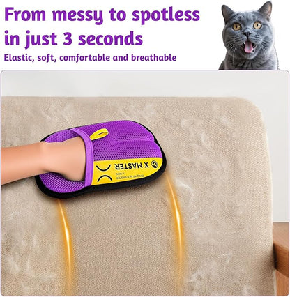 2 Pack Pet Hair Grooming Gloves – Upgraded Mesh + Brush Fabric, Washable Electrostatic Pet Hair Remover for Dogs & Cats – Reusable Glove for Carpet, Furniture, Clothes (Purple)
