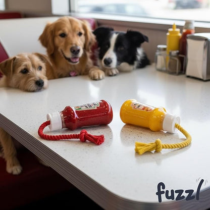 Fuzzl TPR Ketchup & Mustard TPR Rubber Dog Toy - Rope Chew Toy Set 2 - Tough Toy