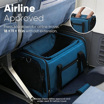 FUKUMARU Cat Carrier, 18x11x11 Expandable Soft Cat Travel Carrier, Ventilate Airline Approved Dog Carrier, Durable Small Dog Carrier with Anti-Scratch Mesh, Escape-Proof Pet Carrier for Cat, Blue