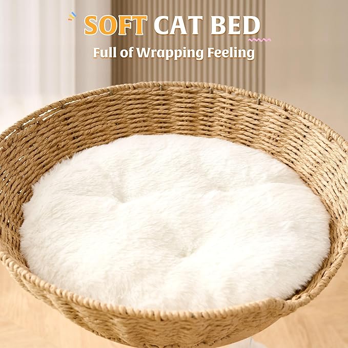 HITTITE Solid Wood Cat Tree Tower with Scratching Post, 36.6 Inches Tall Cat Towers with Scratching Board and Scratcher Ball, Modern Cat Tower With Space Capsule and Hand-Woven Basket for Indoor Cats.