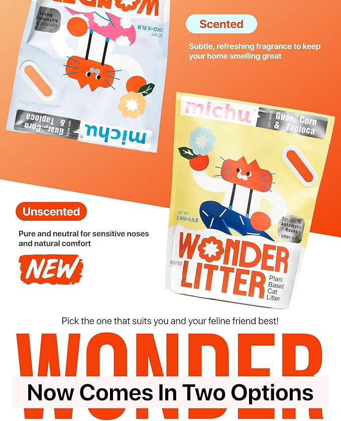 Michu Wonder Cat Litter, Cassava Plant-Based Cat Litter, Automatic Litter Box Friendly, Flushable & Fast Clumping, Low Dust Odor Control, 5.5lb/88oz - Unscented 4 Pack