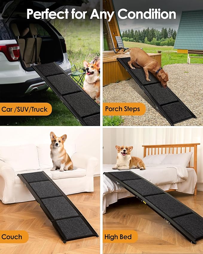 Folding Dog Ramp for Car SUV Truck, 17.3" x 63" Portable Pet Ramp for Large Dogs, Lightweight Non-Slip Dog Car Ramp, Sturdy Dog Ramp for Cars and High Beds, Easy to Carry and Store