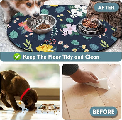 20''x12'' Absorbent Cat Feeding Mat, Pet Water Mats Protect Floor, No Stains Quick Dry Pet Placemats for Food and Water Bowl, Non-Slip Base Cats Bowl Mats for Messy Drinkers, Dark Blue Floral