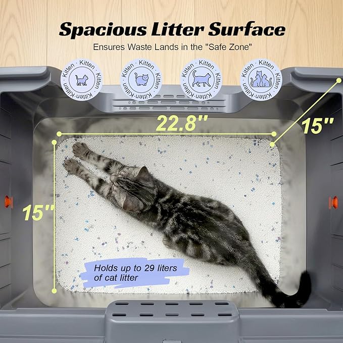 Stainless Steel Enclosed Litter Box with Lid, XL Extra Large Side Entry Metal Litter Box for Big Cats, Removable Cat Litter Box with High-Sided Enclosure, Scoop, Filter Footboard & Mat, Grey