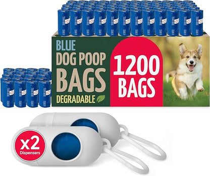 Reli. Biodegradable Dog Poop Bags Rolls (1200 Pack, 80 Rolls) | 9"x13" Poop Bags | Unscented, Leak Proof Oxobiodegradable Pet Waste Clean Up | Blue Eco-Friendly | 2 Leash Clip Holders Included