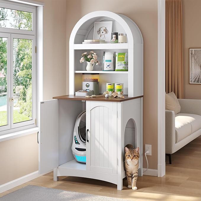 DWVO 70.8in Large Hidden Cat Litter Box Furniture with Shelves, High-Gloss Modern Litters Box Enclosure for Self-Cleaning Litter Boxes, Large Hidden Wooden Cabinet, White