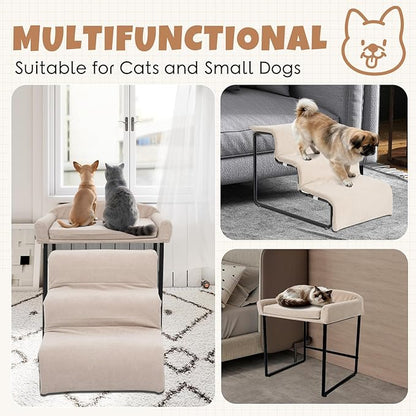 Dog Window Perch with Stairs for Dogs to get on Bed 3-Step Pet Ramp for High Beds Non-Slip Washable Cover The Sturdy Iron Frame with Ideal for Small Dogs Cats Senior Pets with Joint Issues