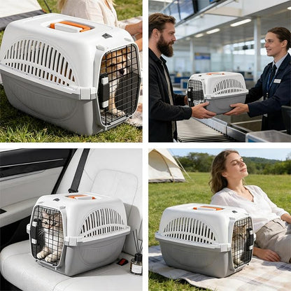 Dog and Cat Kennel Hard Sided, Pet Carrier for Mini Dogs and Cats, Portable Crate with Steel Wire Door, Water Bowl and Urine Separator for Car, Airplane, Outdoor (Grey)