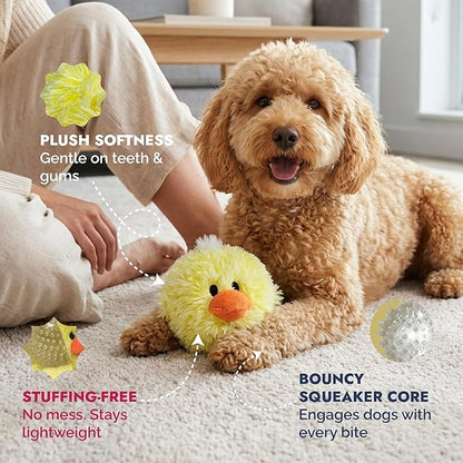 Pet Lou DOG'Z 4 Inch EZ Squeaky Chick Dog Plush Toy, Stuffing-Free Soft Plush, Durable Bouncy Squeaker Ball, Floats in Water, for Small & Medium Dogs, Yellow