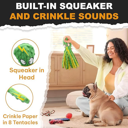 Squeaky Octopus Dog Toy – No Stuffing, Crinkle Sound Plush Chew Toy for Small and Medium Dogs – Durable and Machine Washable – 2 Pack (Orange & Green)