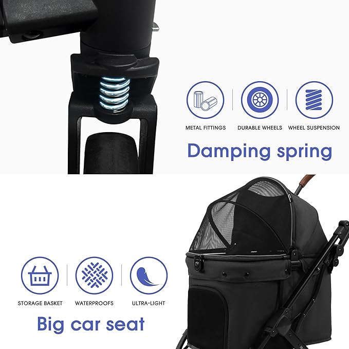 Dog Strollers for Small Dogs and Cat, Pet Stroller for Medium Dogs Cats Up to 45 lbs, One-Hand Fold, Cat Strpller, Black