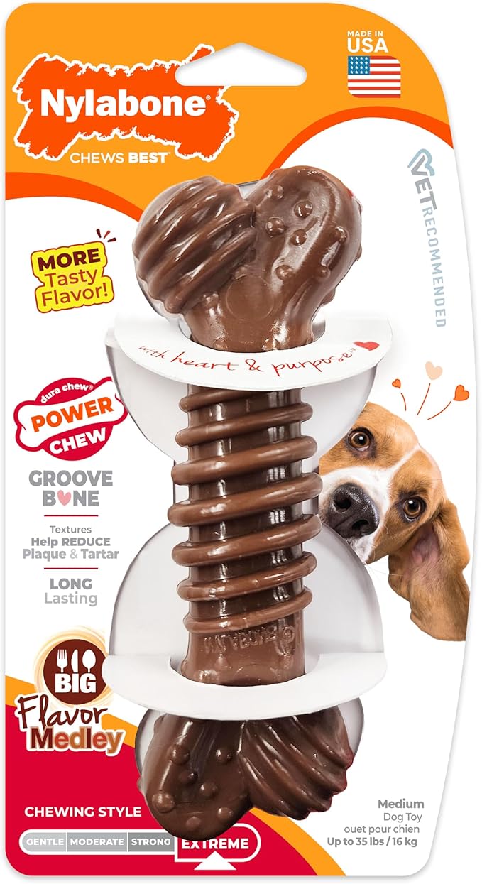 Nylabone Groove Bone Power Chew Toy for Dogs, Dental Dog Toys for Aggressive Chewers, Dog Chew Bone, Long Lasting Flavor Medley Flavor, For Medium Dogs - Up to 35 lbs, 1 Count