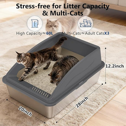 Extra Large XXXL Stainless Steel Litter Box, 28" L x 20" W x 12.2" H Super Large Stainless Steel Litter Box, Suitable for Large Cats and Multiple Cats, Non-Sticky, Anti-Leakage, Easy to Clean