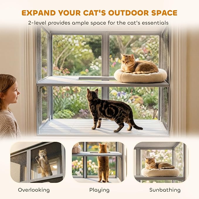 PawHut Cat Catio, Expandable Window Box Enclosure for Multiple Indoor Cats, Comfortable Wooden Pet Perch House, All Weather Use, with 2 Doors, for Sunbathing, Napping, Overlooking, 39" L