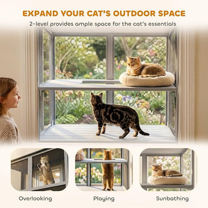 PawHut Cat Catio, Expandable Window Box Enclosure for Multiple Indoor Cats, Comfortable Wooden Pet Perch House, All Weather Use, with 2 Doors, for Sunbathing, Napping, Overlooking, 39" L