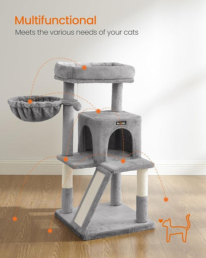 Feandrea Cat Tree, 37.8-Inch Cat Tower, Multi-Level Condo with Widened Perch, Scratching Posts and Ramp, 2-Door Cave, Hammock, Light Gray UPCT51W