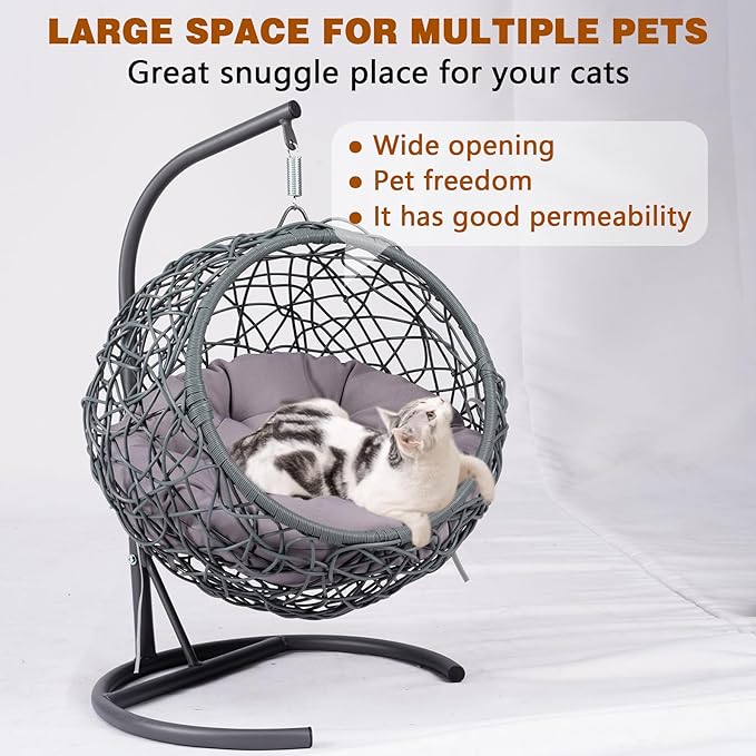 Cat Egg Chair with Stand & Cushion, Cat Swing Bed with Rattan Wicker Appearance, Hanging Chair for Indoor Cats Pet Kitten Puppy Small Dogs (Grey, 17.70 Inch)