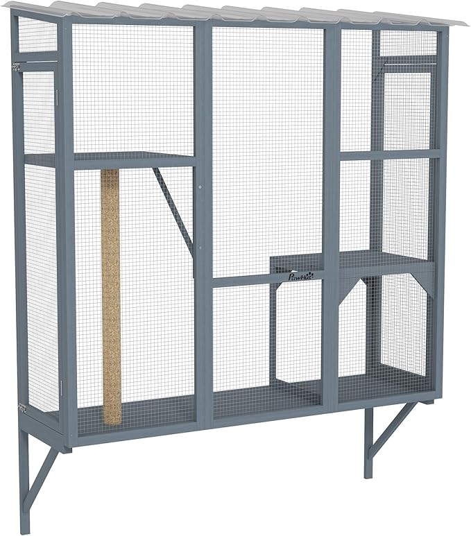 PawHut Outdoor Catio, Cat Window Catio Box Enclosure for 2-3 Large Indoor Cats with 2 Jumping Platforms, Scratching Post, for Playing, Sunbathing, Napping, Cat Window Perch for Enjoying Sights, Gray