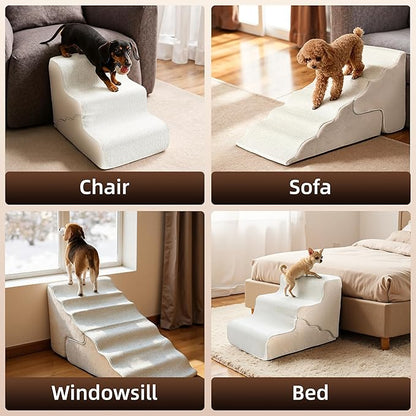 Mestuel Dog Stairs for Small Dogs Cats, Small Pet Stairs Steps, Foam 4-Tier Pet Stairs Steps for Couch Sofa, Dog Ramp Ladder Indoor with Nonslip Bottom &Washable Cover, Beige