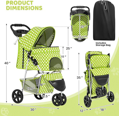 Magshion 3-Wheel Pet Stroller, Foldable Travel Jogger for Small & Medium Dogs & Cats (Up to 33lbs), Lightweight Carrier with Breathable Mesh Cover, Cup Holder & Storage Basket, Lawn Green Polka Dots
