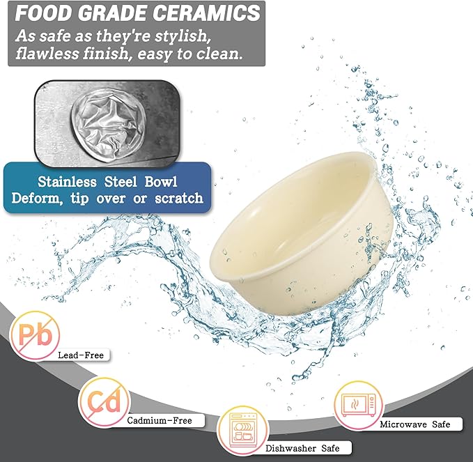 Ceramic Elevated Dog Bowl Set - Raised Food and Water Bowls with Metal Stand - Double Pet Dishes for Small and Medium Dogs - 2 Cups - 27 fl oz - Beige