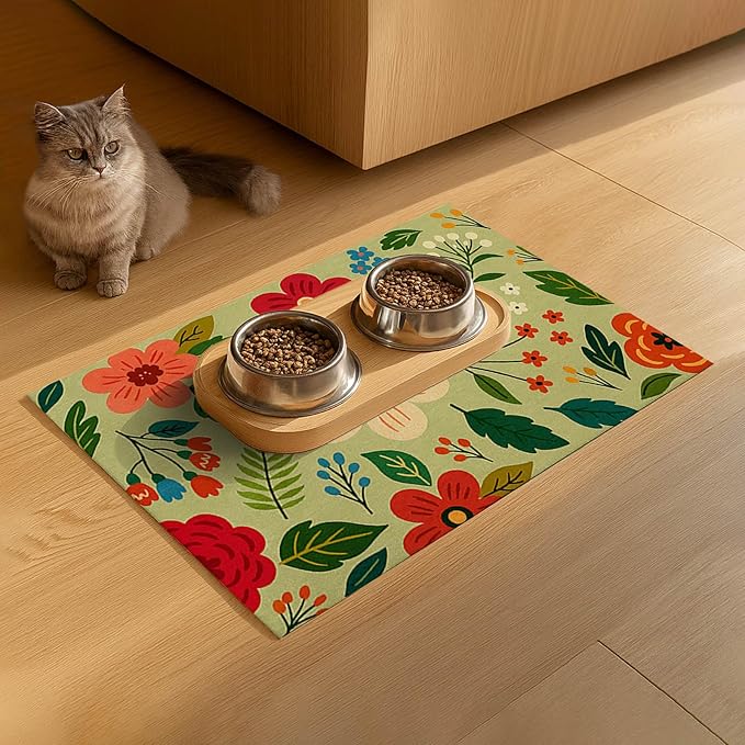 Non Slip Pet Feeding Mat with Floral Design for Dogs and Cats Food Water Bowl Placemat Easy Clean Pet Food Mat for Kitchen Dining Area Home Decor 24 x 16 Inch Absorbent Cat Water Bowl Mat
