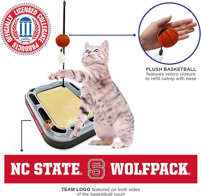 Cat Scratch Toy NCAA North Carolina State Wolfpack Reversible Basketball Court Felt/Cardboard Cat Scratcher Toy. Interactive Cat Ball Bell. 6-in-1 CAT Toy Cat Wand Poll Catnip-Filled Plush Basketball