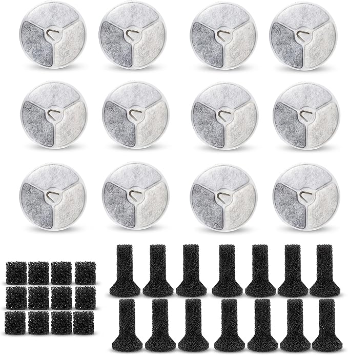 Water Fountain 12 Packs Dog Water Fountain Filters & 12 Packs Pump Filters Sponges Replacement&12Packs Sponge Stick, Pet Water Fountain Filter