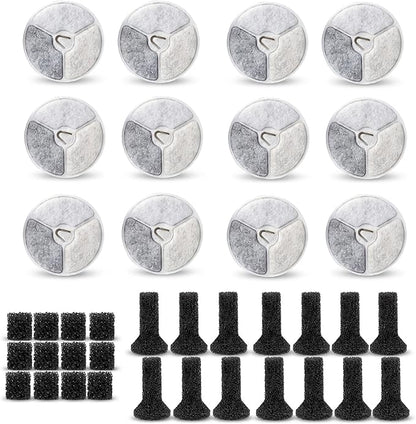 Water Fountain 12 Packs Dog Water Fountain Filters & 12 Packs Pump Filters Sponges Replacement&12Packs Sponge Stick, Pet Water Fountain Filter