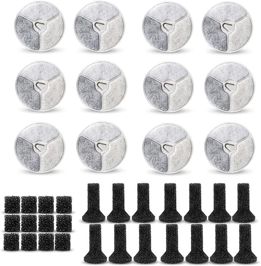 Water Fountain 12 Packs Dog Water Fountain Filters & 12 Packs Pump Filters Sponges Replacement&12Packs Sponge Stick, Pet Water Fountain Filter
