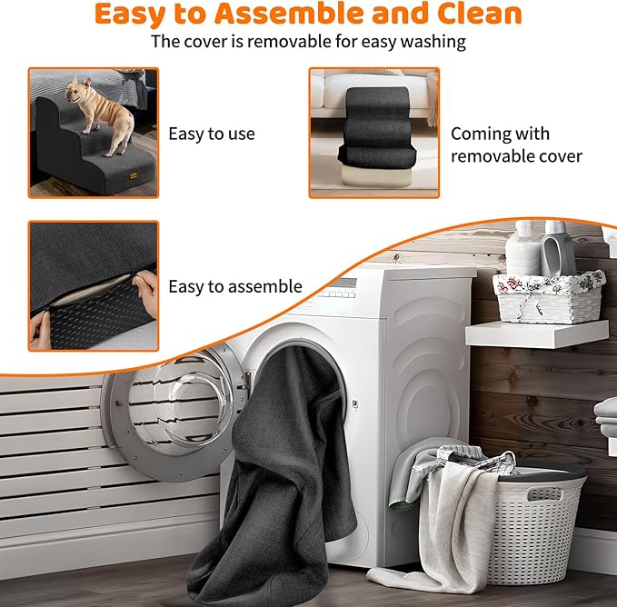 Gimars 30D High-Density Foam & Extra-Wide, Stable 3-Step Dog Stairs, 40cm High Pet Stairs with Washable Cover & Non-Slip Base, Portable Ramp for Small Dogs to Sofa, Bed, Couch, Car