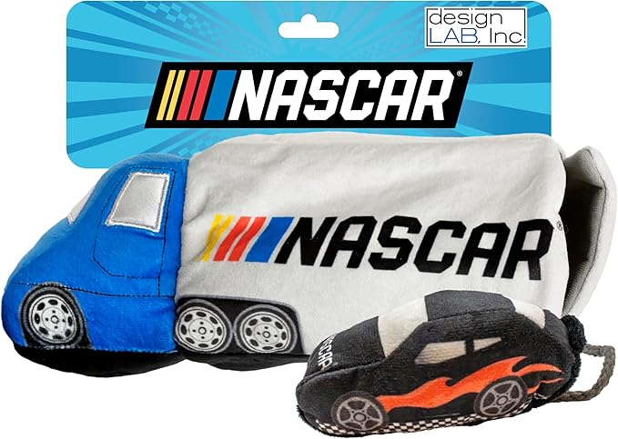 design LAB, Inc. NASCAR Official Merchandise | NASCAR Toy Truck Interactive Hide-and-Seek Toy & Racecar Plush Toys Gift Set | Plush Pet Toys for Dogs with Treat Storage Compartment
