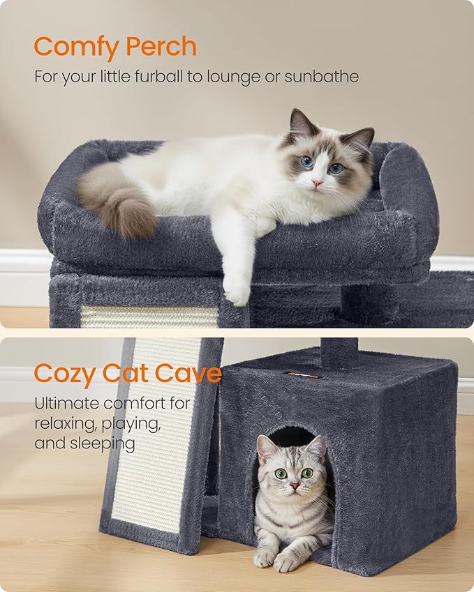 Feandrea Small Cat Tree, Cat Tower Condo, Scratching Ramp, Large Top Perch, Cave, 20.1 x 15.4 x 18.3 Inches, Dark Gray UPCT010GS02S