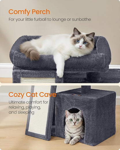 Feandrea Small Cat Tree, Cat Tower Condo, Scratching Ramp, Large Top Perch, Cave, 20.1 x 15.4 x 18.3 Inches, Dark Gray UPCT010GS02S