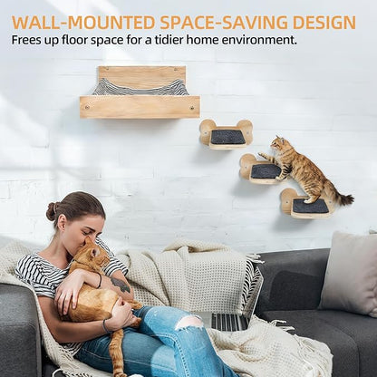 Cat Wall Hammock with 3 Steps, Pine Wood Wall Mounted Kitty Bed & Climbing Shelves up to 30lbs, Cat Furniture for Indoor Sleeping and Playing, Space Saving