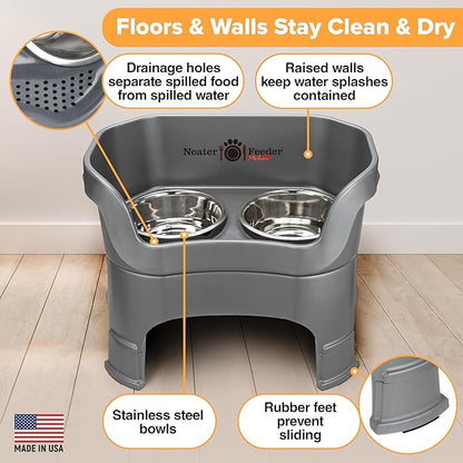 Neater Feeder Deluxe Mess-Proof Elevated Dog Bowls for Large Dogs (40+ lbs), 2 Height Adjustable (14.5” & 17.5”) No-Spill Raised Dog Bowl Stand, Stainless Steel Food Bowl Set, Made in USA, Grey