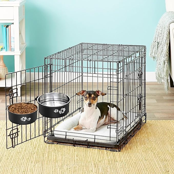 2 Pack Kennel Water Bowl,2-in-1 Stainless Steel Dog Crate Water Bowl No Spill,Hanging Dog Bowls for Kennel Cage,Metal Pet Food Feeder Dish with Non-Slip Base for Dogs Cats Bunny Ferret Bird