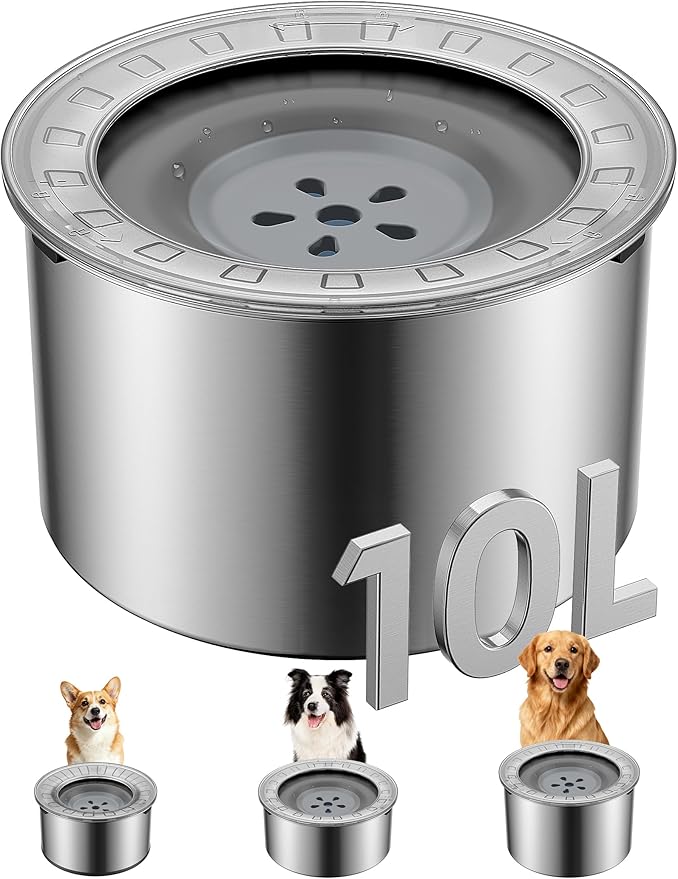 2.6 Gallon Large Dog Water Bowl No Spill,【Anti Digging Lid & Rubber Bottom】 Spill Proof Dog Bowl, Anti Splash Mess Dripless Slow Drinking Stainless Steel Water for Sloppy Messy Drinkers Car