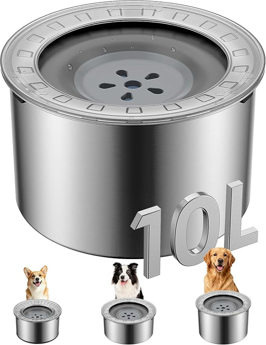 2.6 Gallon Large Dog Water Bowl No Spill,【Anti Digging Lid & Rubber Bottom】 Spill Proof Dog Bowl, Anti Splash Mess Dripless Slow Drinking Stainless Steel Water for Sloppy Messy Drinkers Car