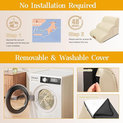 Dog Stairs for Small Dogs, Wide Pet Step with Removable Cover, No Assembly High Density Foam Cat Ramp for Bed or Sofa, 4-Step, Beige