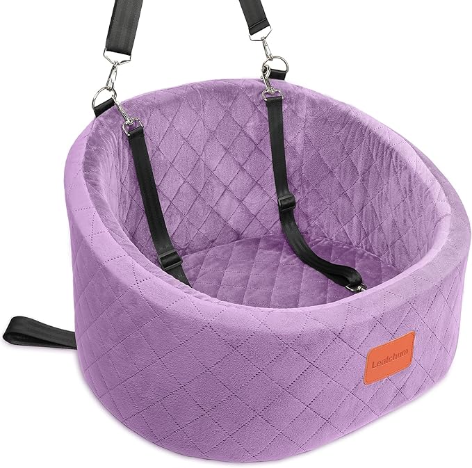 Lealchum Dog Car Seat for Small Dogs Up to 30 Lbs,Ultra Soft Fabric Fill in Comfy Memory Foam,Happy Pet Ride,2 Safety Dog Leashes,Fully Detachable and Washable,Anti Slip Base(Purple)