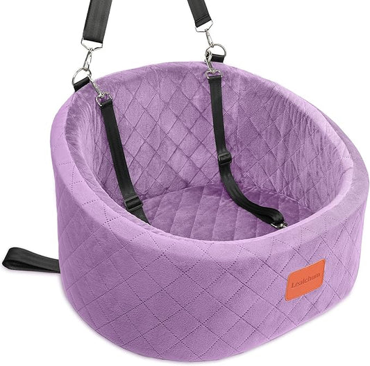 Lealchum Dog Car Seat for Small Dogs Up to 30 Lbs,Ultra Soft Fabric Fill in Comfy Memory Foam,Happy Pet Ride,2 Safety Dog Leashes,Fully Detachable and Washable,Anti Slip Base(Purple)