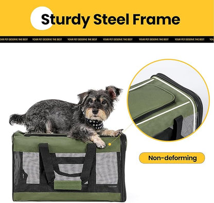 Cat Carrier Airline Approved, Soft-Sided Dog Carrier with Inner Safety Leash, Pet Transport Carrier for Small-Medium Cats Puppies up to 15 Lbs, Collapsible Travel Kitten Carrier Bag -Green M
