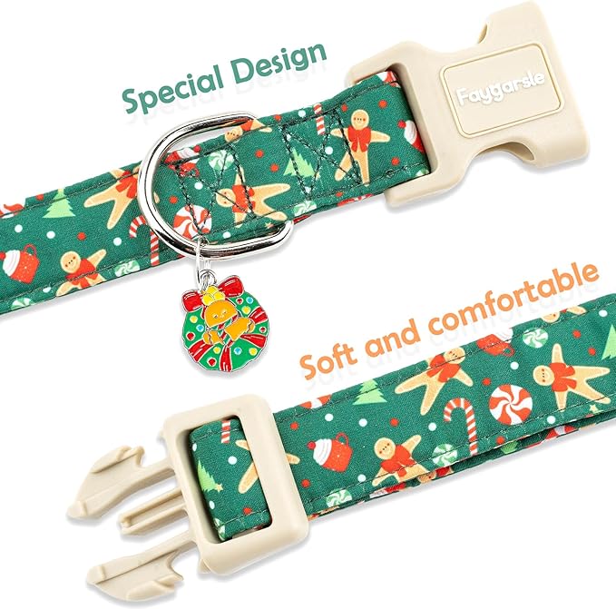 Faygarsle Christmas Dog Collar, Green Gingerbread Pattern, Plastic Buckle with Metal D-Ring, Holiday Pet Accessory, for Small Medium Large Dogs S
