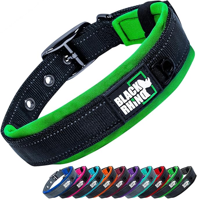 Black Rhino Dog Collar for Large Dogs - Adjustable Reflective Heavy Duty Dog Collars with Ultra-Soft Neoprene Padding - Weatherproof, Durable, and Comfortable for Active Dogs - Green and Black