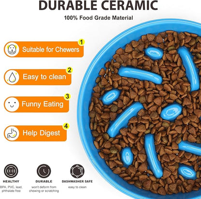 Ceramic Slow Feeder Dog Bowl, 8.3 inch Dog Food Bowls for Small, Medium, and Large Breed, Anti-Slip Puzzle Food Dish to Slow Down Eating (Blue, 8.3 in)