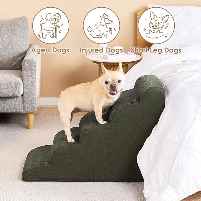 EHEYCIGA Curved Dog Stairs Ramp for High Beds 22.6" H, 5-Step Dog Steps for Small Dogs and Cats, Pet Stairs for High Bed Climbing, Non-Slip Balanced Pet Step Indoor, Military Green